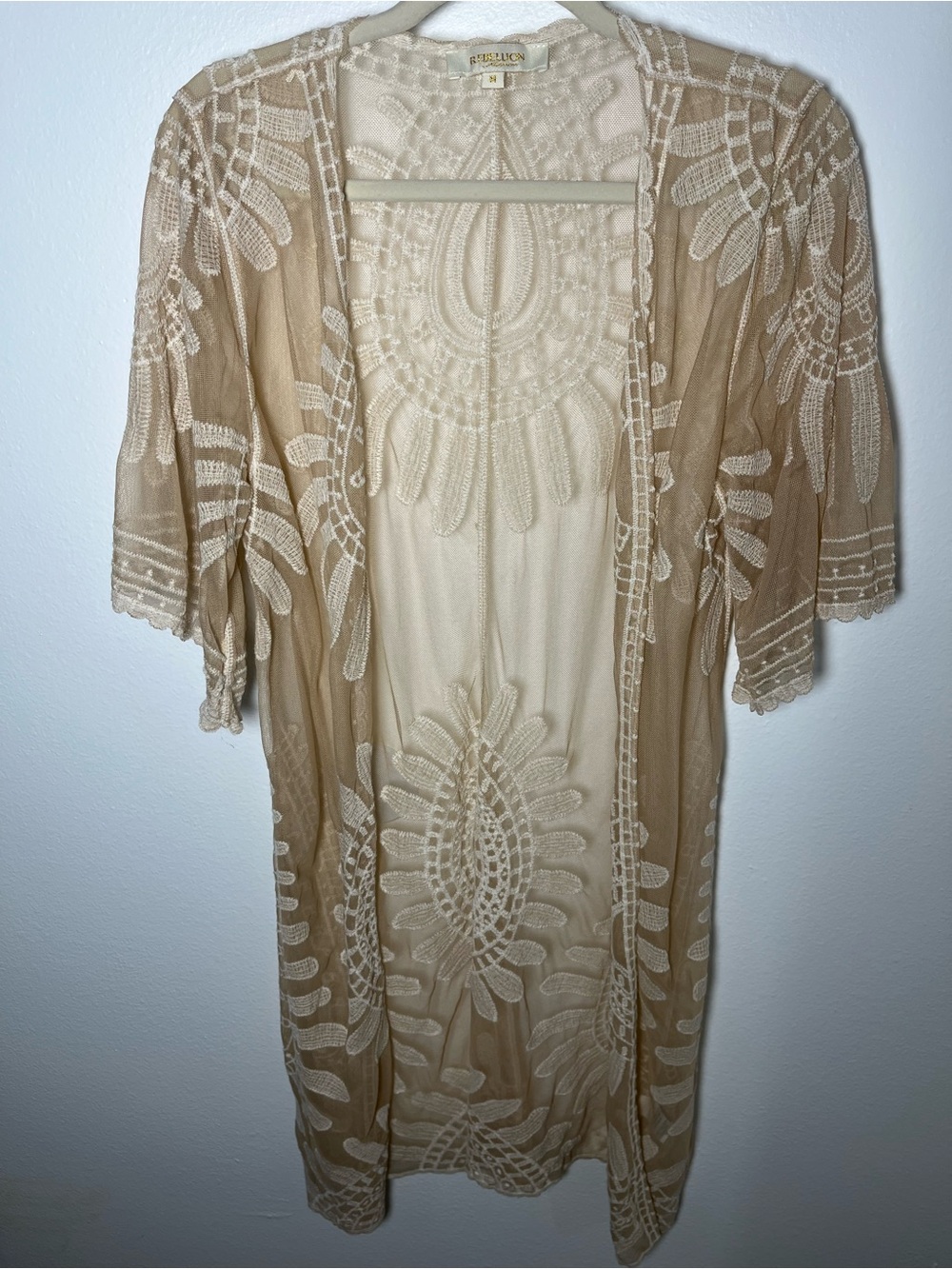 Rebellion Lace-Detail Sheer Kimono in Beige Cream